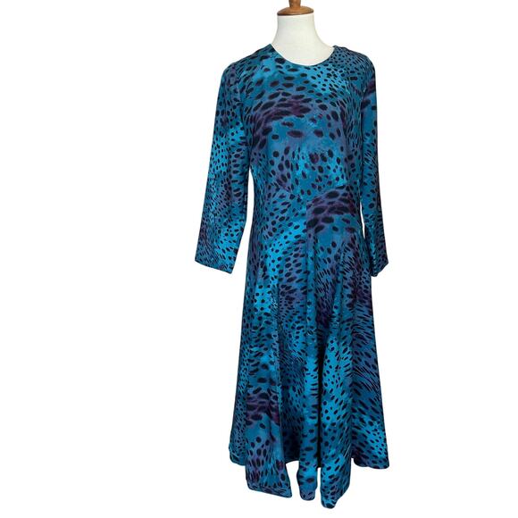 Natori Leopard Fit Flare Midi Dress Teal MEDIUM Career Modest Animal Print $398 - Picture 6 of 11